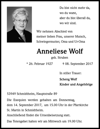 Anzeige von Anneliese Wolf von Kölner Stadt-Anzeiger / Kölnische Rundschau / Express
