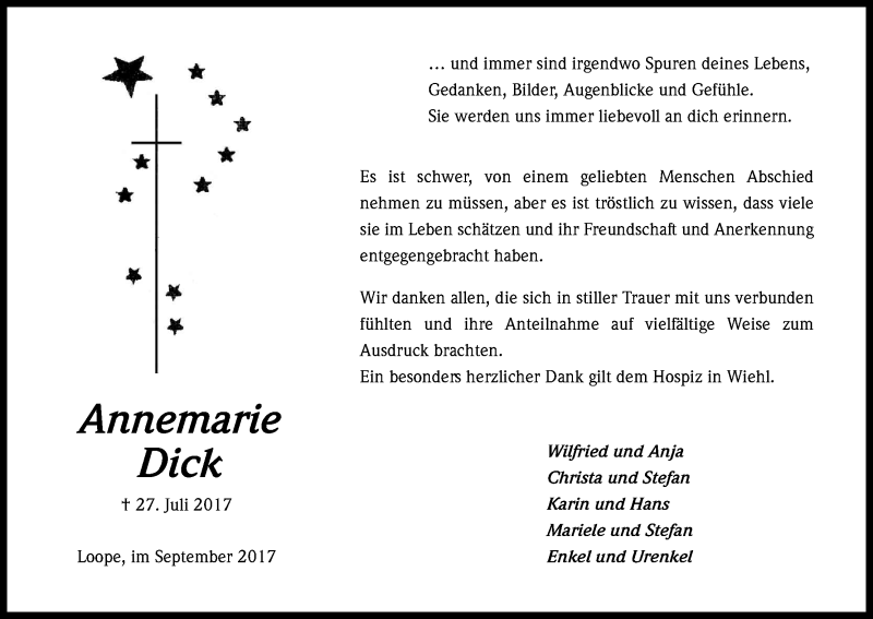  Traueranzeige für Annemarie Dick vom 02.09.2017 aus Kölner Stadt-Anzeiger / Kölnische Rundschau / Express