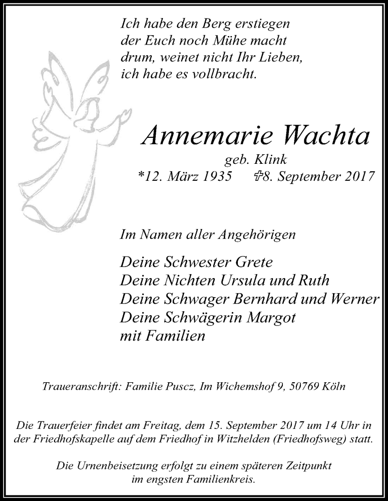  Traueranzeige für Annemarie Wachta vom 13.09.2017 aus Kölner Stadt-Anzeiger / Kölnische Rundschau / Express