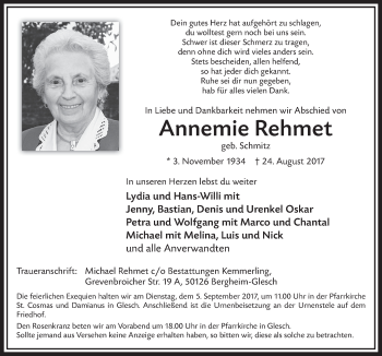 Anzeige von Annemie Rehmet von  Sonntags-Post 