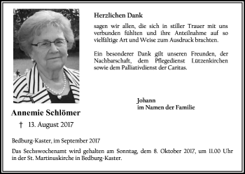 Anzeige von Annemie Schlömer von Kölner Stadt-Anzeiger / Kölnische Rundschau / Express