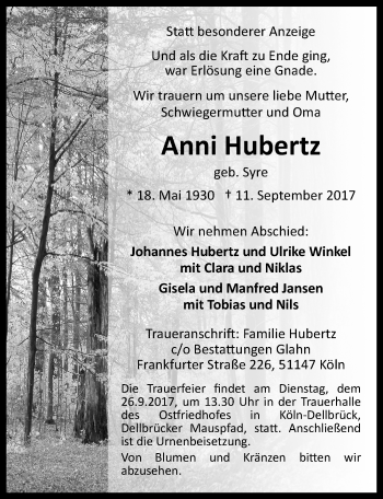 Anzeige von Anni Hubertz von  Kölner Wochenspiegel 