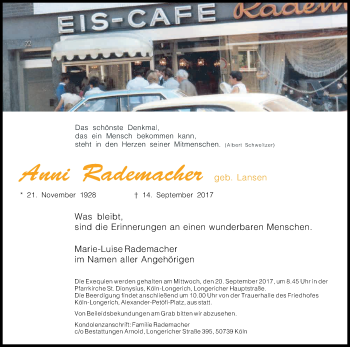 Anzeige von Anni Rademacher von Kölner Stadt-Anzeiger / Kölnische Rundschau / Express