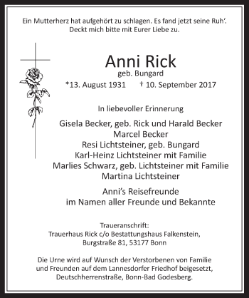 Anzeige von Anni Rick von  Schaufenster/Blickpunkt 