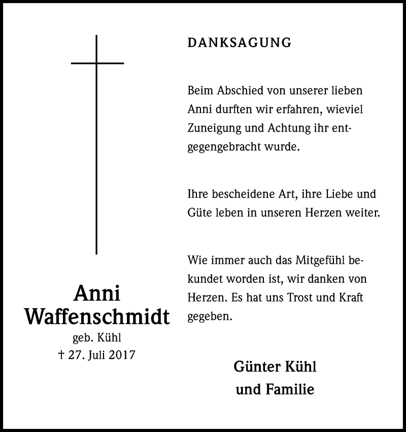  Traueranzeige für Anni Waffenschmidt vom 30.09.2017 aus Kölner Stadt-Anzeiger / Kölnische Rundschau / Express