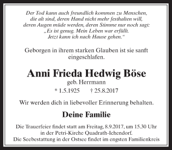 Anzeige von Anni Frieda Hedwig Böse von  Werbepost 