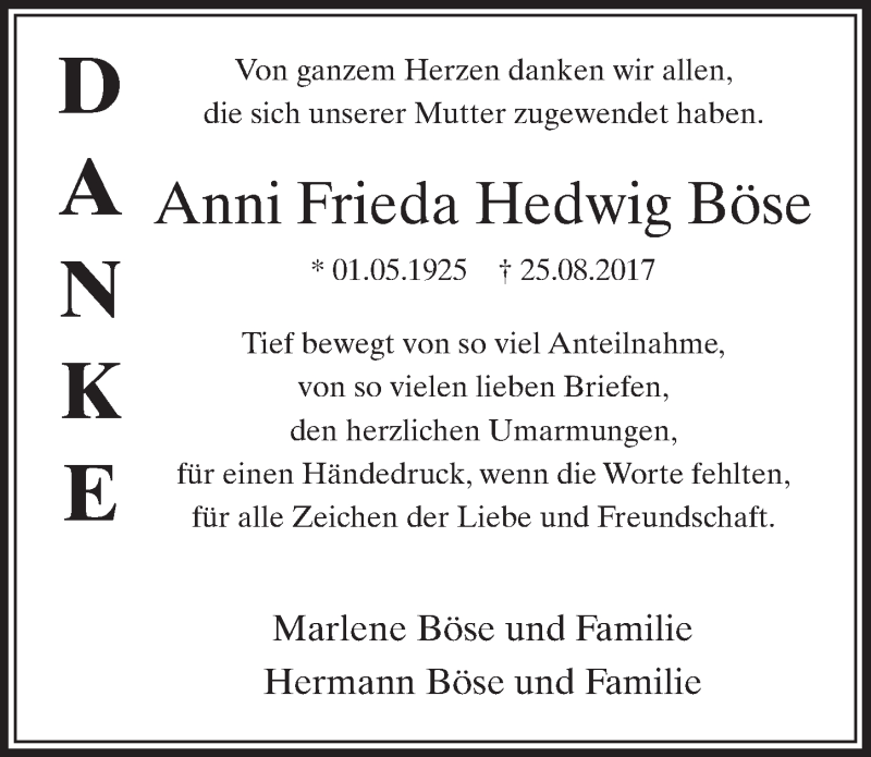  Traueranzeige für Anni Frieda Hedwig Böse vom 23.09.2017 aus  Sonntags-Post 