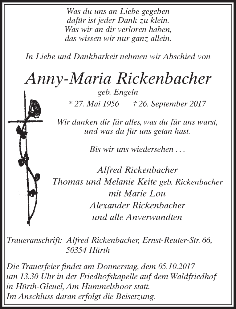  Traueranzeige für Anny-Maria Rickenbacher vom 30.09.2017 aus  Sonntags-Post 