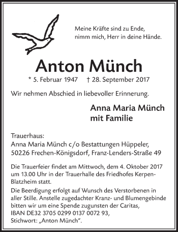 Anzeige von Anton Münch von  Sonntags-Post 