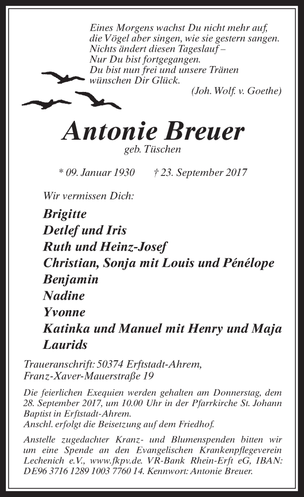  Traueranzeige für Antonie Breuer vom 27.09.2017 aus  Werbepost 