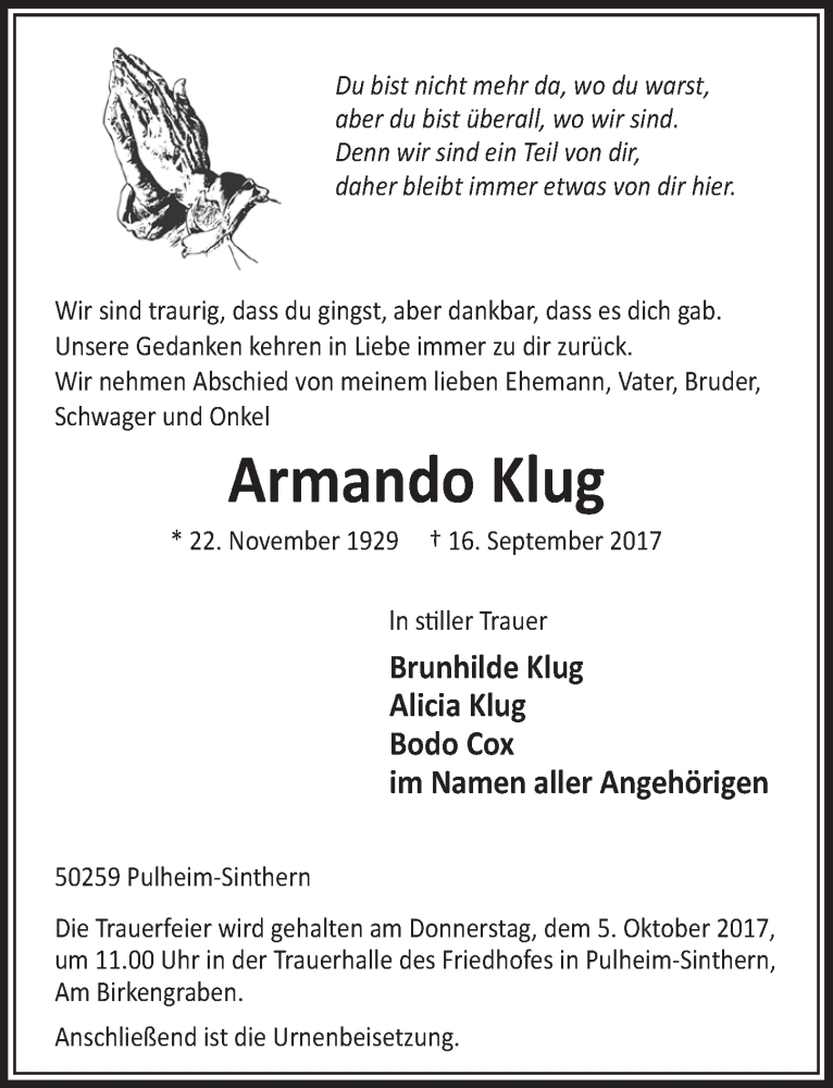  Traueranzeige für Armando Klug vom 23.09.2017 aus  Sonntags-Post 