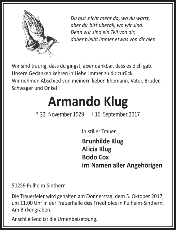 Anzeige von Armando Klug von  Sonntags-Post 