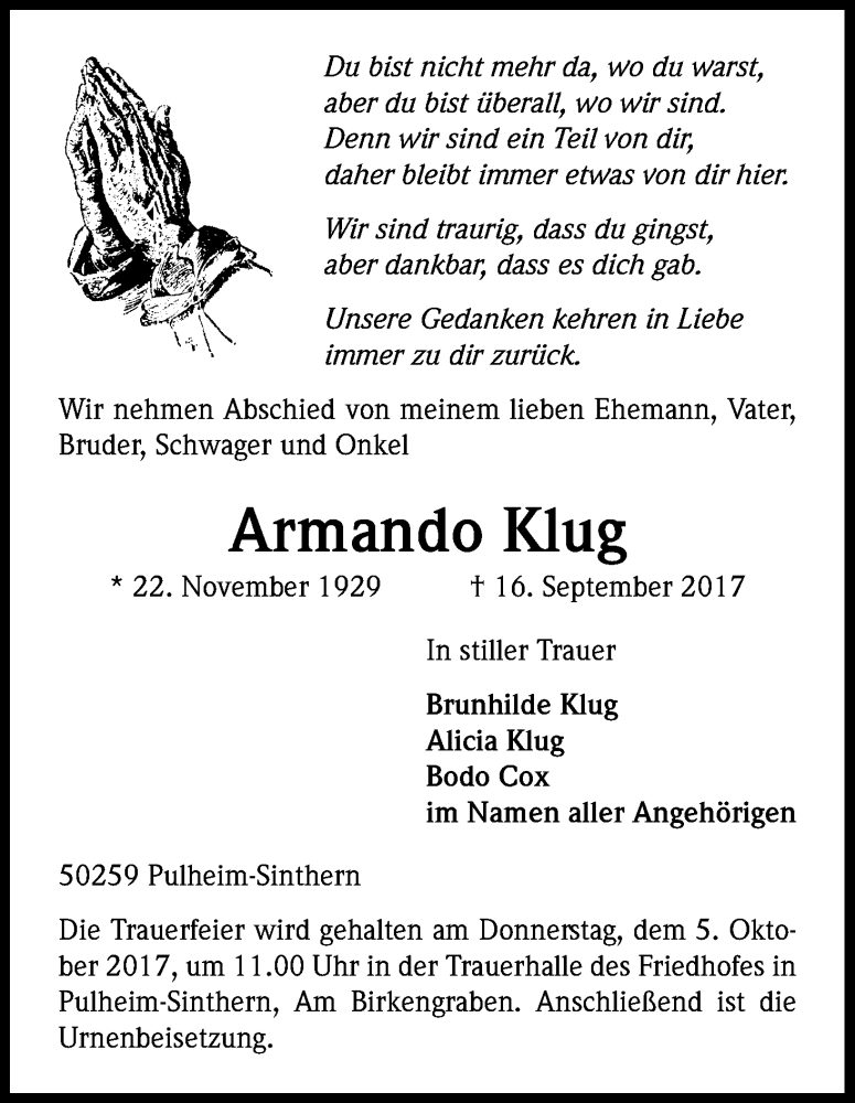  Traueranzeige für Armando Klug vom 23.09.2017 aus Kölner Stadt-Anzeiger / Kölnische Rundschau / Express