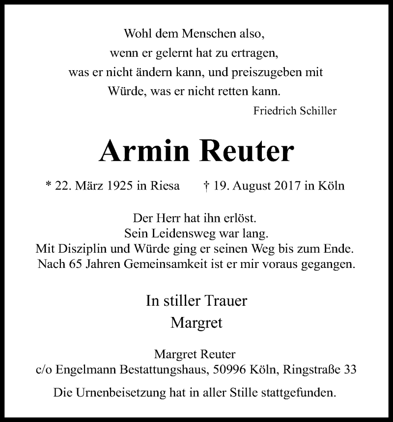  Traueranzeige für Armin Reuter vom 09.09.2017 aus Kölner Stadt-Anzeiger / Kölnische Rundschau / Express