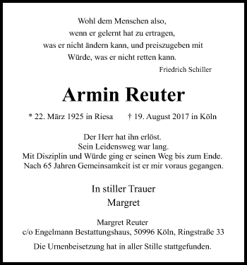 Anzeige von Armin Reuter von Kölner Stadt-Anzeiger / Kölnische Rundschau / Express