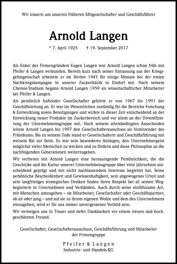  Traueranzeige für Arnold Langen vom 22.09.2017 aus Kölner Stadt-Anzeiger / Kölnische Rundschau / Express