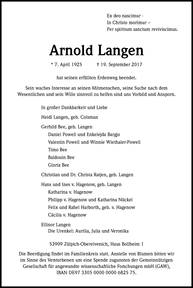  Traueranzeige für Arnold Langen vom 22.09.2017 aus Kölner Stadt-Anzeiger / Kölnische Rundschau / Express
