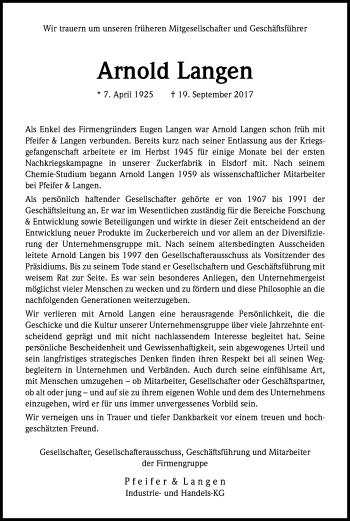 Anzeige von Arnold Langen von Kölner Stadt-Anzeiger / Kölnische Rundschau / Express