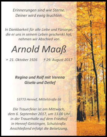 Anzeige von Arnold Maaß von Kölner Stadt-Anzeiger / Kölnische Rundschau / Express
