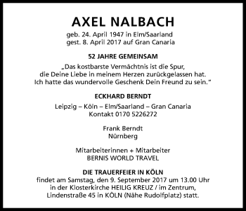 Anzeige von Axel Nalbach von Kölner Stadt-Anzeiger / Kölnische Rundschau / Express