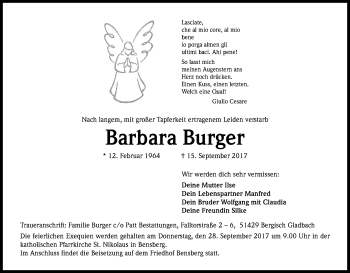 Anzeige von Barbara Burger von Kölner Stadt-Anzeiger / Kölnische Rundschau / Express