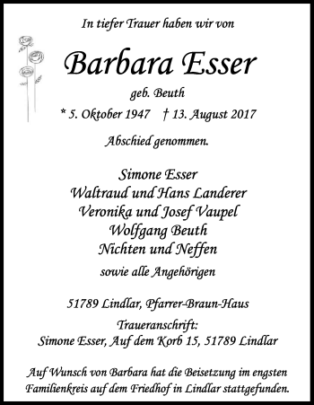 Anzeige von Barbara Esser von Kölner Stadt-Anzeiger / Kölnische Rundschau / Express