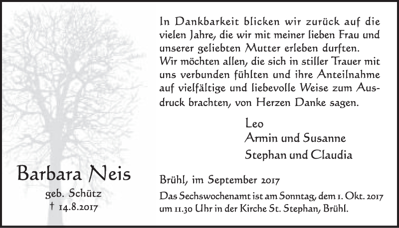  Traueranzeige für Barbara Neis vom 20.09.2017 aus  Schlossbote/Werbekurier 