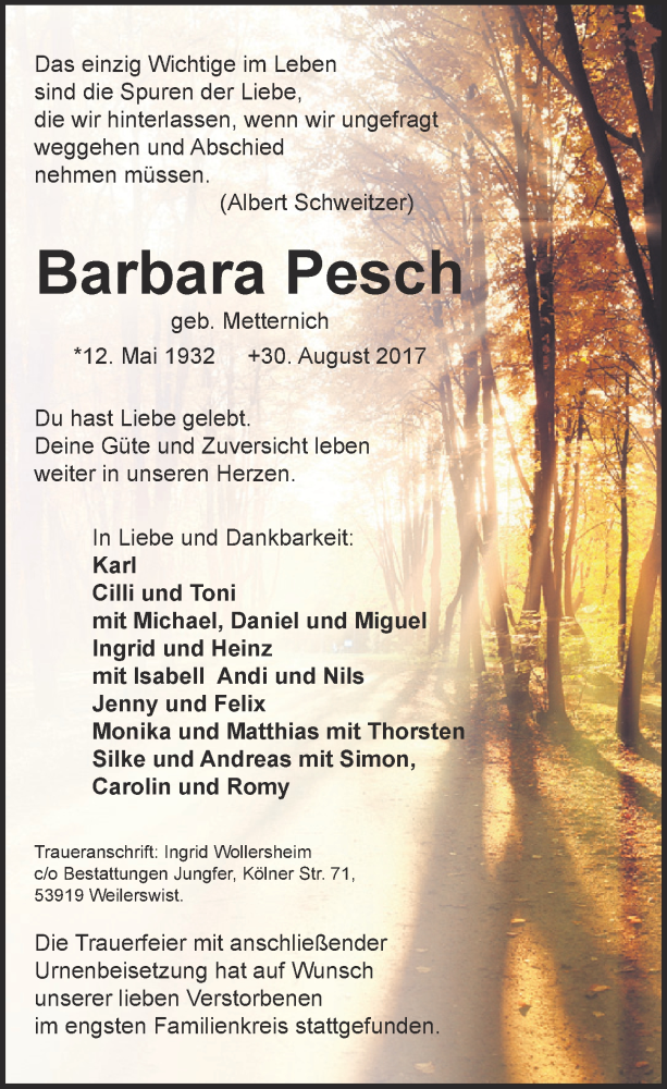  Traueranzeige für Barbara Pesch vom 13.09.2017 aus  Schlossbote/Werbekurier 