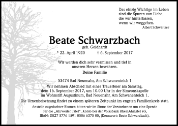 Anzeige von Beate Schwarzbach von Kölner Stadt-Anzeiger / Kölnische Rundschau / Express