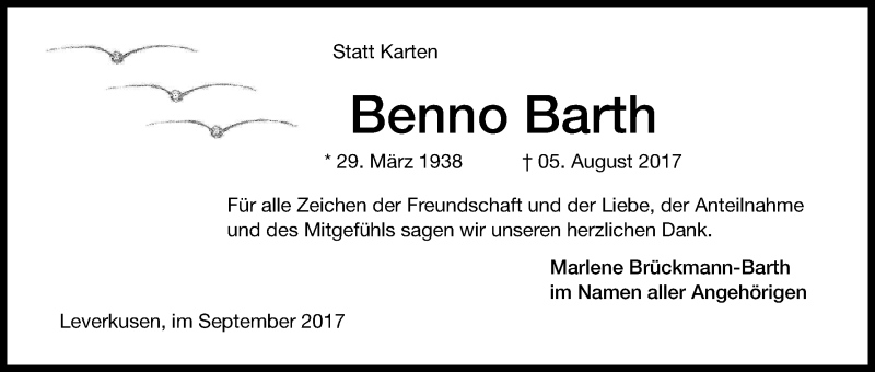  Traueranzeige für Benno Barth vom 09.09.2017 aus Kölner Stadt-Anzeiger / Kölnische Rundschau / Express