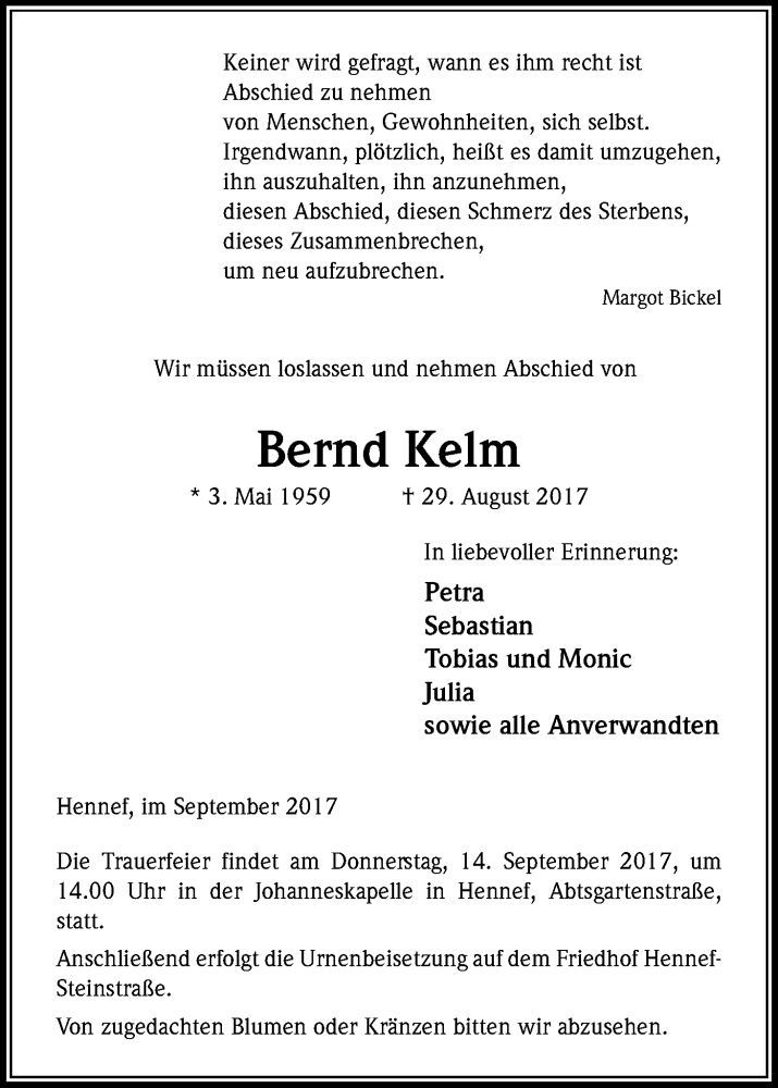  Traueranzeige für Bernd Kelm vom 09.09.2017 aus Kölner Stadt-Anzeiger / Kölnische Rundschau / Express