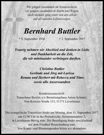 Anzeige von Bernhard Buttler von Kölner Stadt-Anzeiger / Kölnische Rundschau / Express