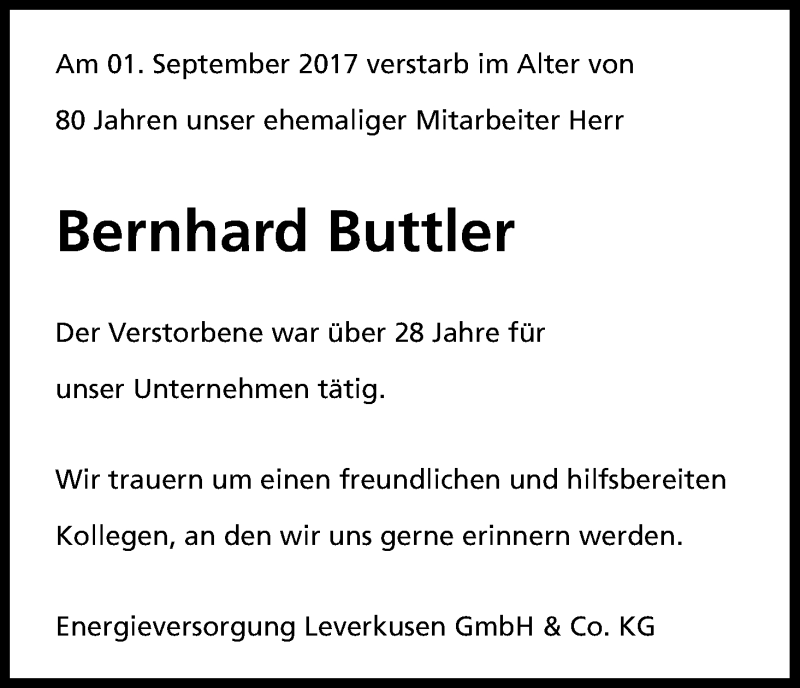  Traueranzeige für Bernhard Buttler vom 09.09.2017 aus Kölner Stadt-Anzeiger / Kölnische Rundschau / Express