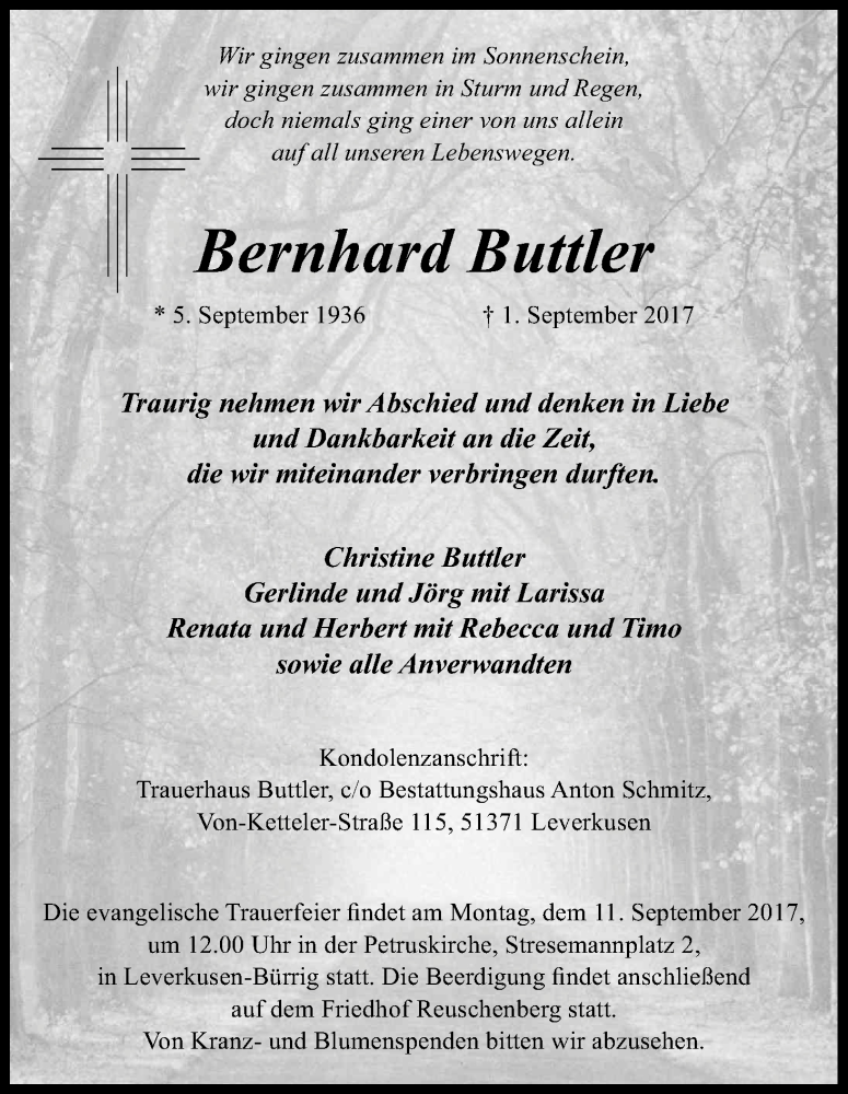  Traueranzeige für Bernhard Buttler vom 06.09.2017 aus Kölner Stadt-Anzeiger / Kölnische Rundschau / Express