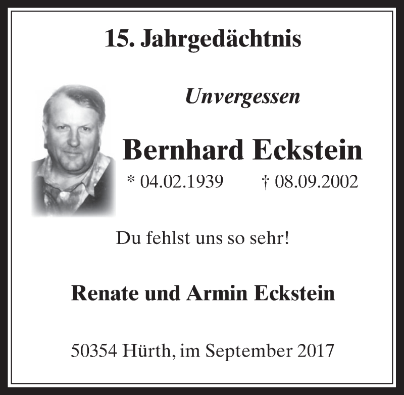  Traueranzeige für Bernhard Eckstein vom 06.09.2017 aus  Wochenende 