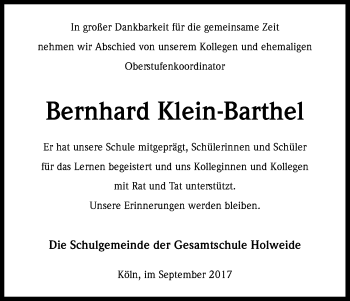 Anzeige von Bernhard Klein-Barthel von Kölner Stadt-Anzeiger / Kölnische Rundschau / Express