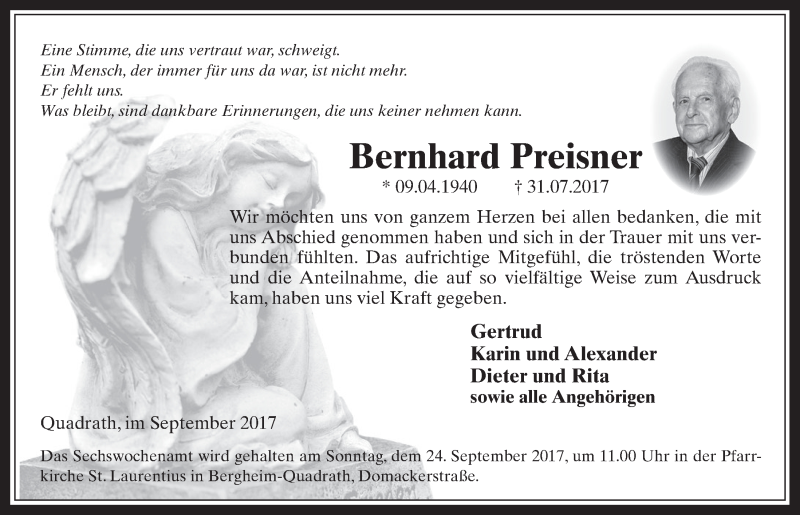  Traueranzeige für Bernhard Preisner vom 13.09.2017 aus  Werbepost 