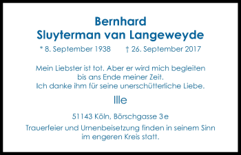 Anzeige von Bernhard Sluyterman van Langeweyde von Kölner Stadt-Anzeiger / Kölnische Rundschau / Express