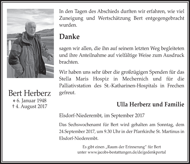  Traueranzeige für Bert Herberz vom 20.09.2017 aus  Werbepost 