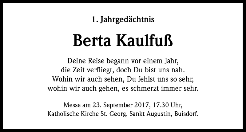  Traueranzeige für Berta Kaulfuß vom 02.09.2017 aus Kölner Stadt-Anzeiger / Kölnische Rundschau / Express