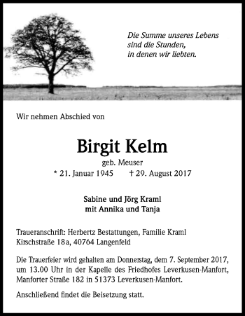 Anzeige von Birgit Kelm von Kölner Stadt-Anzeiger / Kölnische Rundschau / Express