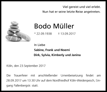Anzeige von Bodo Müller von Kölner Stadt-Anzeiger / Kölnische Rundschau / Express