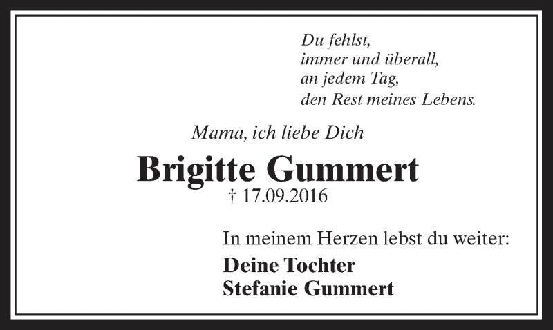  Traueranzeige für Brigitte Gummert vom 16.09.2017 aus  Sonntags-Post 