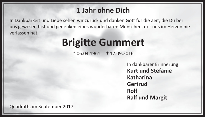  Traueranzeige für Brigitte Gummert vom 16.09.2017 aus  Sonntags-Post 