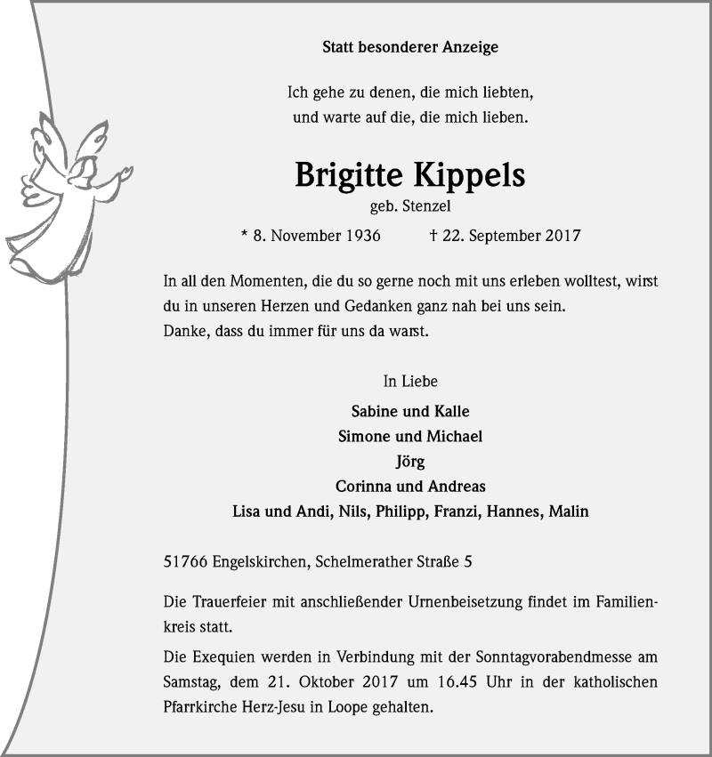  Traueranzeige für Brigitte Kippels vom 29.09.2017 aus Kölner Stadt-Anzeiger / Kölnische Rundschau / Express