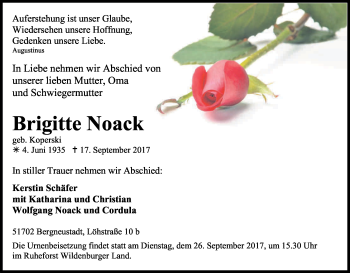 Anzeige von Brigitte Noack von Kölner Stadt-Anzeiger / Kölnische Rundschau / Express
