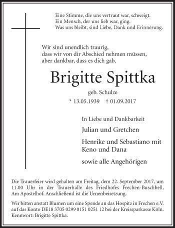 Anzeige von Brigitte Spittka von  Sonntags-Post 