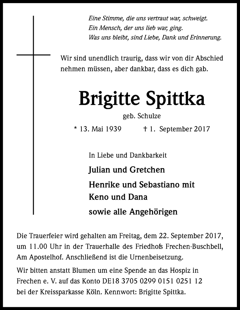  Traueranzeige für Brigitte Spittka vom 16.09.2017 aus Kölner Stadt-Anzeiger / Kölnische Rundschau / Express