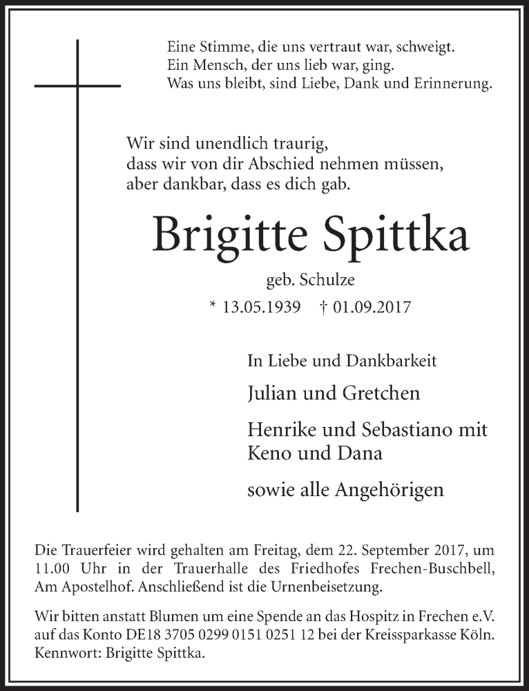  Traueranzeige für Brigitte Spittka vom 16.09.2017 aus  Sonntags-Post 