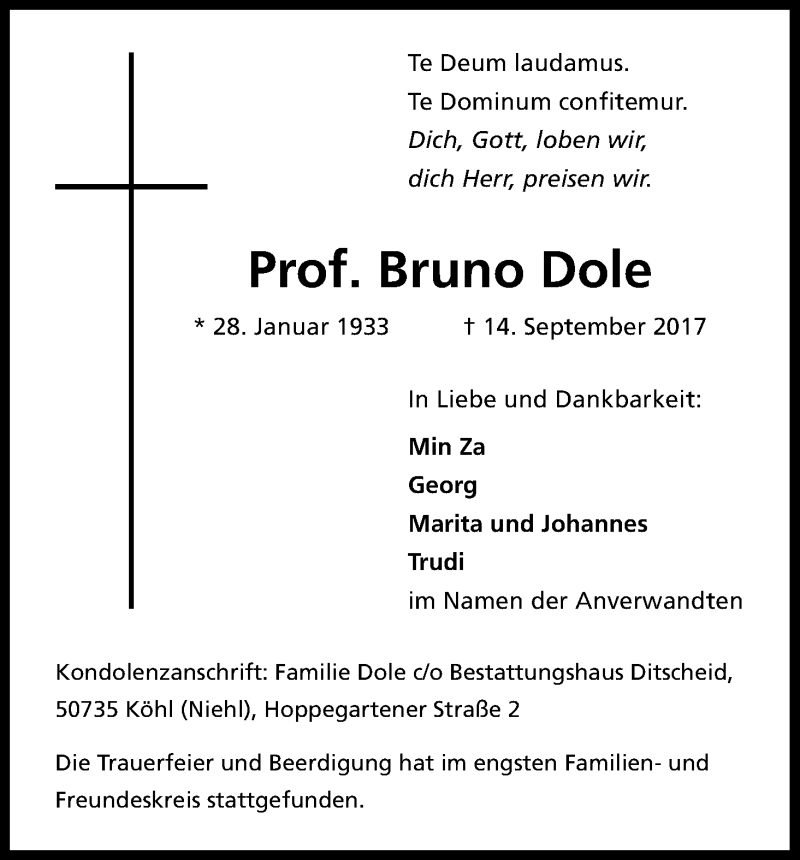  Traueranzeige für Bruno Dole vom 30.09.2017 aus Kölner Stadt-Anzeiger / Kölnische Rundschau / Express
